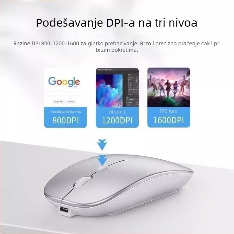 Tiha optička bežična mišić s bežičnim punjenjem, dvostruki način Bluetooth i USB za ured i esport