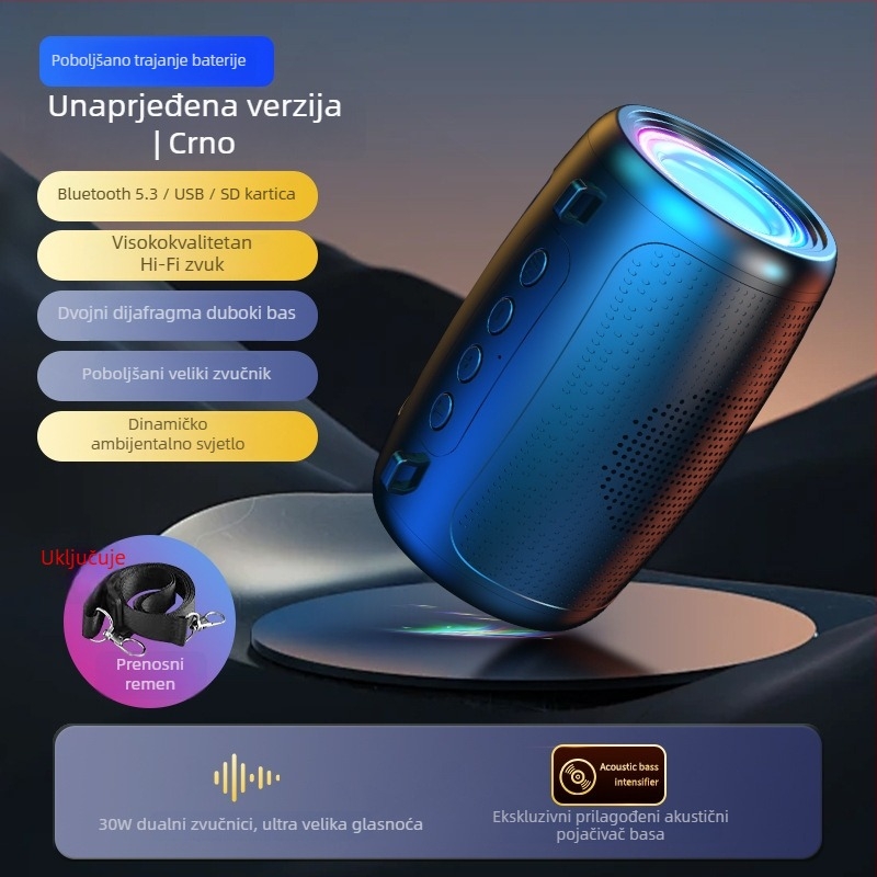 Bežični Bluetooth zvučnik za vanjsku upotrebu, prenosni, IPX7 vodootporan, 3W, Bluetooth 5.3, 100 Hz–20 kHz