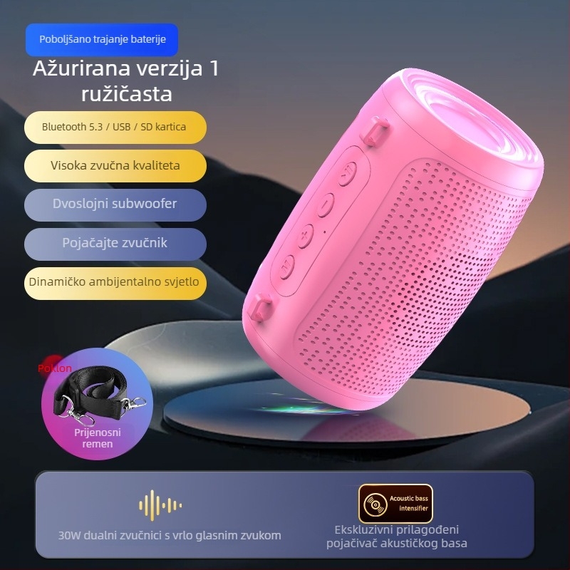 Bežični Bluetooth zvučnik za vanjsku upotrebu, prenosni, IPX7 vodootporan, 3W, Bluetooth 5.3, 100 Hz–20 kHz