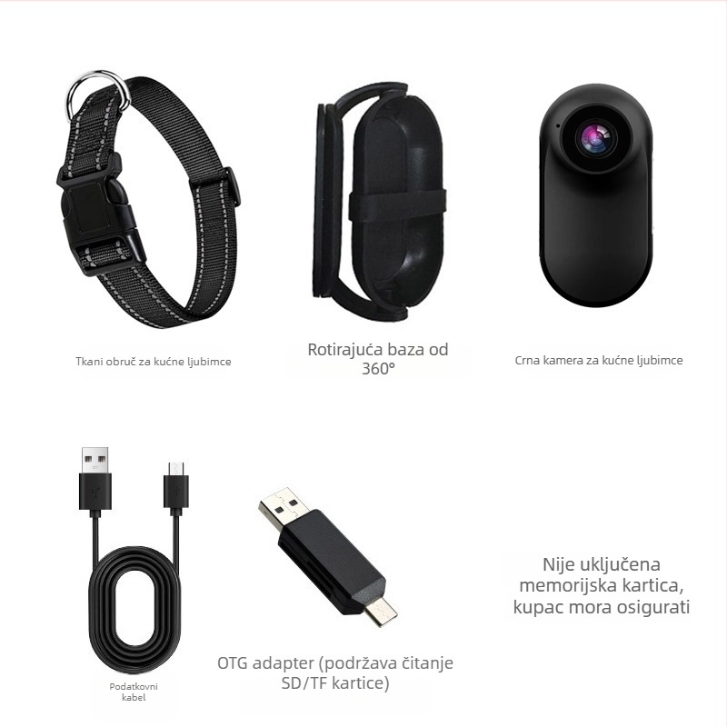 Kamera za kućne ljubimce na ogrlici - 1080P/720P video, CMOS senzor, 0,96-inčni LCD, MicroSD kartica, elektronička stabilizacija slike