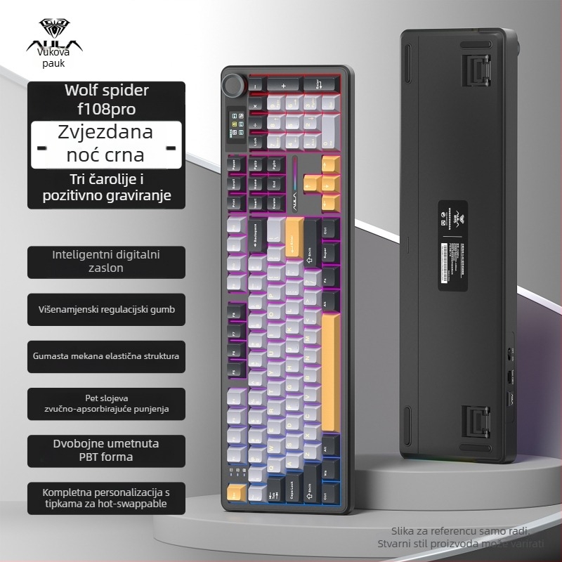 Gaming tipkovnica s Bluetoothom, tri načina rada, prilagodljivi mehanički prekidači, 104 tipke, RGB pozadinsko osvjetljenje, bočno graviranje