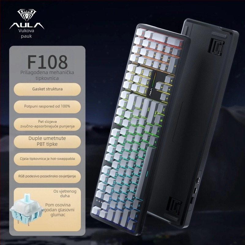 Gaming tipkovnica s Bluetoothom, tri načina rada, prilagodljivi mehanički prekidači, 104 tipke, RGB pozadinsko osvjetljenje, bočno graviranje