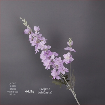 Umjetni cvijet Delphinium s dvostruko razgranatom stabljikom, flokirani materijal; za vjenčanja, rekvizite za fotografiju i kućnu dekoraciju; marka Gardenia; materijal: svila i Pan tkanina; izrada: stiliziranje, reljef, ubrizgavanje kalupa; varijanta: osta