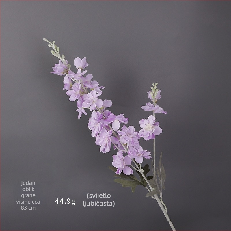 Umjetni cvijet Delphinium s dvostruko razgranatom stabljikom, flokirani materijal; za vjenčanja, rekvizite za fotografiju i kućnu dekoraciju; marka Gardenia; materijal: svila i Pan tkanina; izrada: stiliziranje, reljef, ubrizgavanje kalupa; varijanta: osta