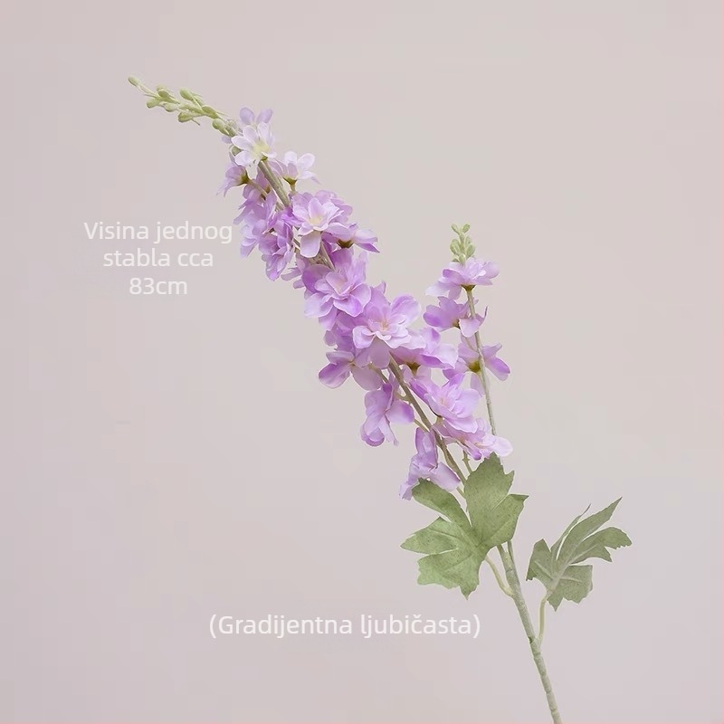 Umjetni cvijet Delphinium s dvostruko razgranatom stabljikom, flokirani materijal; za vjenčanja, rekvizite za fotografiju i kućnu dekoraciju; marka Gardenia; materijal: svila i Pan tkanina; izrada: stiliziranje, reljef, ubrizgavanje kalupa; varijanta: osta