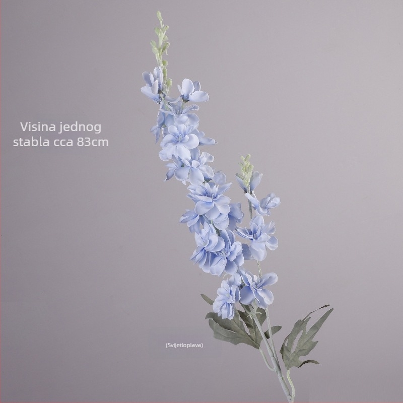 Umjetni cvijet Delphinium s dvostruko razgranatom stabljikom, flokirani materijal; za vjenčanja, rekvizite za fotografiju i kućnu dekoraciju; marka Gardenia; materijal: svila i Pan tkanina; izrada: stiliziranje, reljef, ubrizgavanje kalupa; varijanta: osta