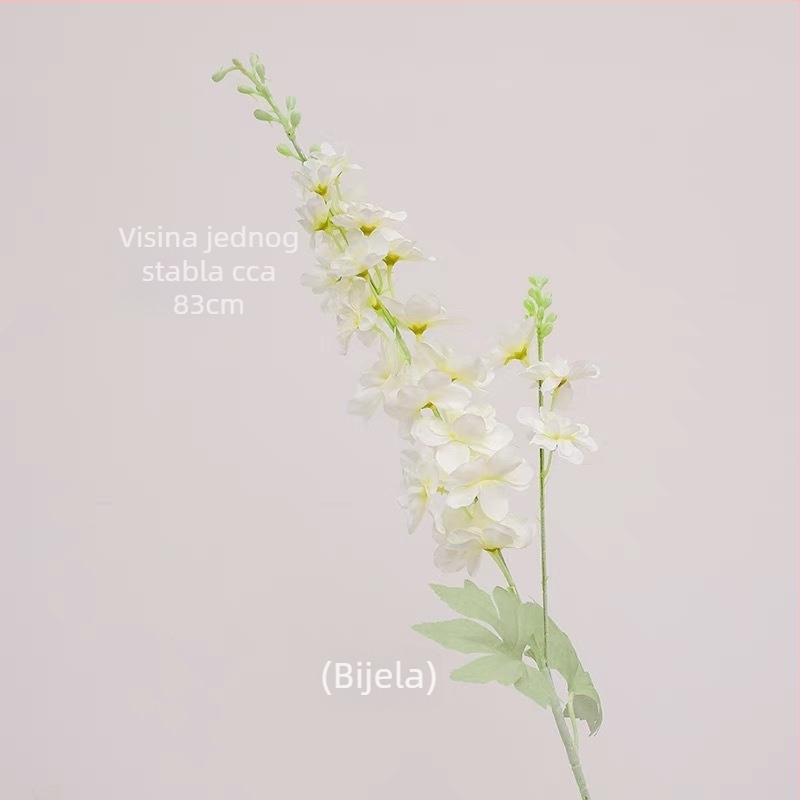 Umjetni cvijet Delphinium s dvostruko razgranatom stabljikom, flokirani materijal; za vjenčanja, rekvizite za fotografiju i kućnu dekoraciju; marka Gardenia; materijal: svila i Pan tkanina; izrada: stiliziranje, reljef, ubrizgavanje kalupa; varijanta: osta