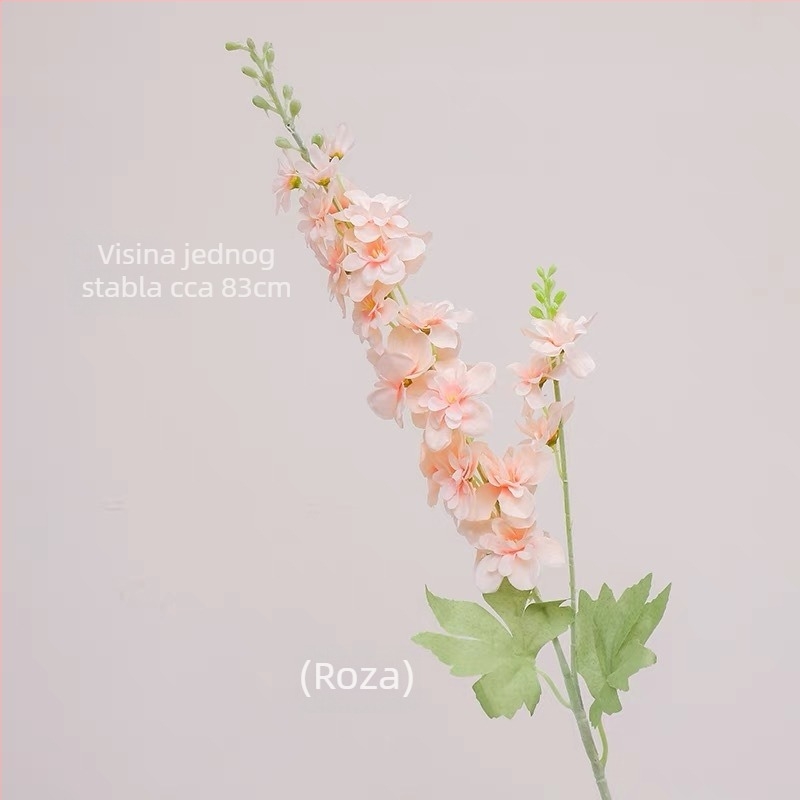 Umjetni cvijet Delphinium s dvostruko razgranatom stabljikom, flokirani materijal; za vjenčanja, rekvizite za fotografiju i kućnu dekoraciju; marka Gardenia; materijal: svila i Pan tkanina; izrada: stiliziranje, reljef, ubrizgavanje kalupa; varijanta: osta