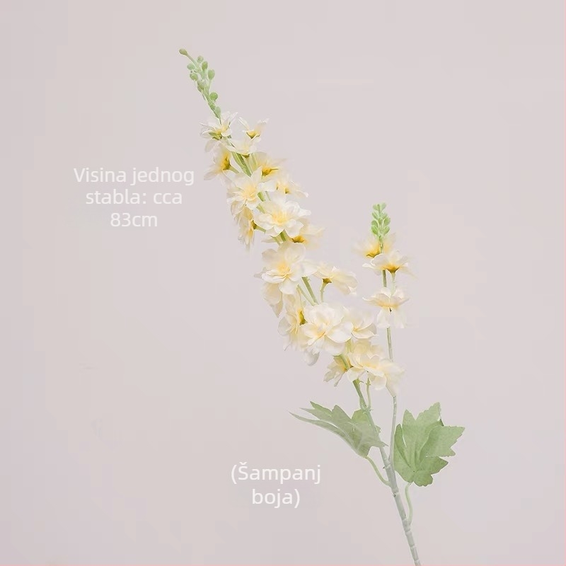 Umjetni cvijet Delphinium s dvostruko razgranatom stabljikom, flokirani materijal; za vjenčanja, rekvizite za fotografiju i kućnu dekoraciju; marka Gardenia; materijal: svila i Pan tkanina; izrada: stiliziranje, reljef, ubrizgavanje kalupa; varijanta: osta