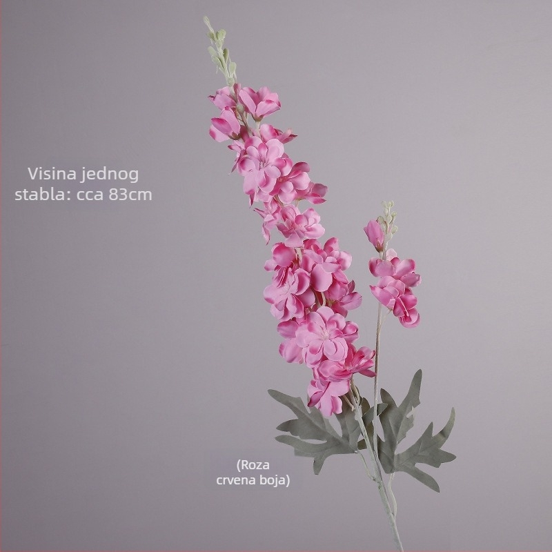 Umjetni cvijet Delphinium s dvostruko razgranatom stabljikom, flokirani materijal; za vjenčanja, rekvizite za fotografiju i kućnu dekoraciju; marka Gardenia; materijal: svila i Pan tkanina; izrada: stiliziranje, reljef, ubrizgavanje kalupa; varijanta: osta