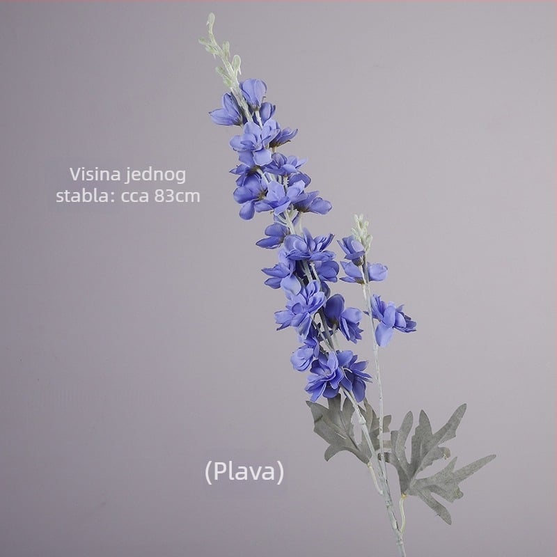 Umjetni cvijet Delphinium s dvostruko razgranatom stabljikom, flokirani materijal; za vjenčanja, rekvizite za fotografiju i kućnu dekoraciju; marka Gardenia; materijal: svila i Pan tkanina; izrada: stiliziranje, reljef, ubrizgavanje kalupa; varijanta: osta