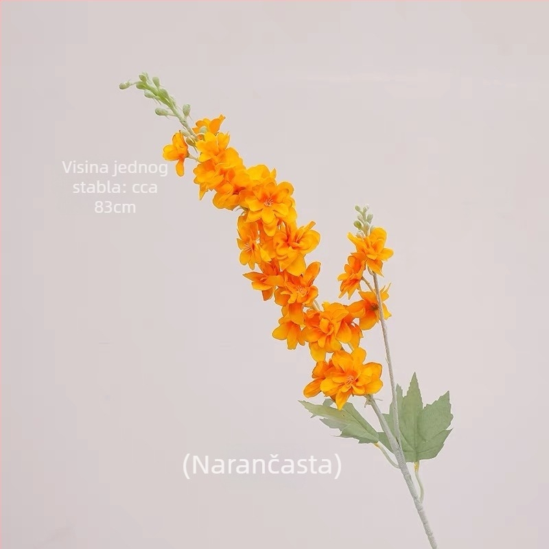 Umjetni cvijet Delphinium s dvostruko razgranatom stabljikom, flokirani materijal; za vjenčanja, rekvizite za fotografiju i kućnu dekoraciju; marka Gardenia; materijal: svila i Pan tkanina; izrada: stiliziranje, reljef, ubrizgavanje kalupa; varijanta: osta
