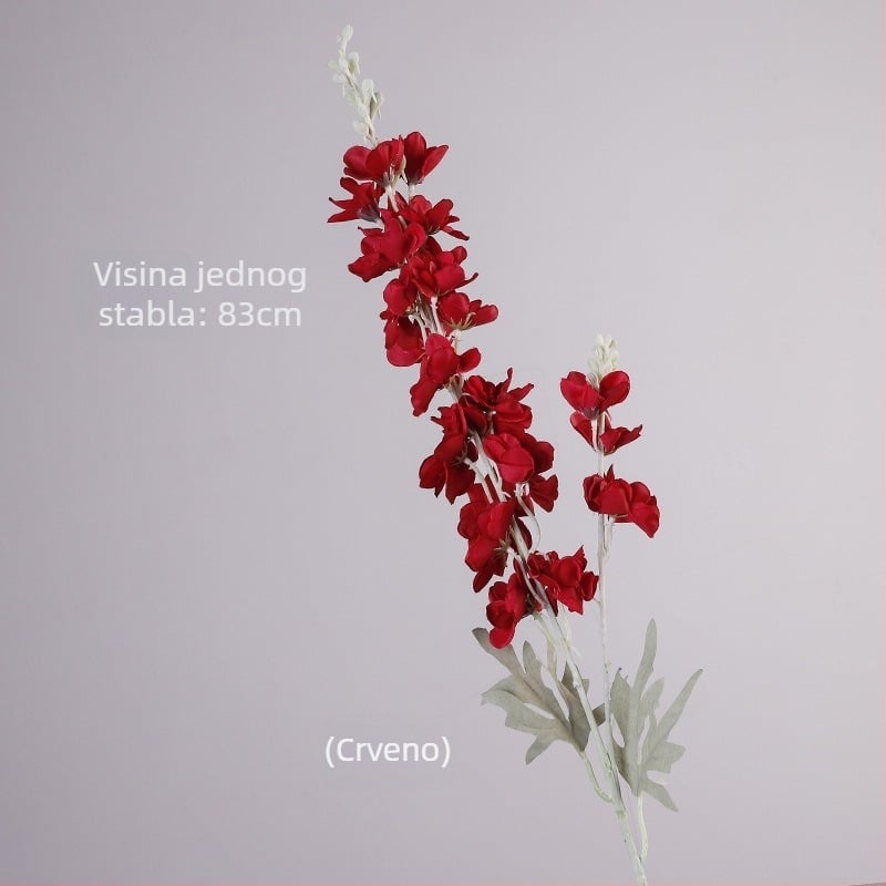Umjetni cvijet Delphinium s dvostruko razgranatom stabljikom, flokirani materijal; za vjenčanja, rekvizite za fotografiju i kućnu dekoraciju; marka Gardenia; materijal: svila i Pan tkanina; izrada: stiliziranje, reljef, ubrizgavanje kalupa; varijanta: osta