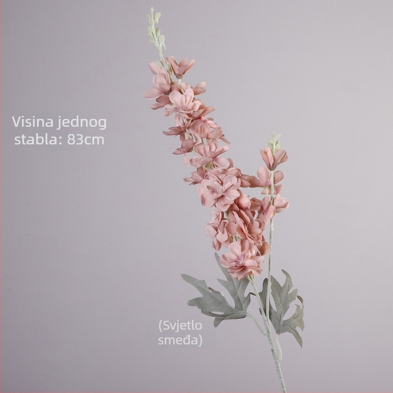Umjetni cvijet Delphinium s dvostruko razgranatom stabljikom, flokirani materijal; za vjenčanja, rekvizite za fotografiju i kućnu dekoraciju; marka Gardenia; materijal: svila i Pan tkanina; izrada: stiliziranje, reljef, ubrizgavanje kalupa; varijanta: osta