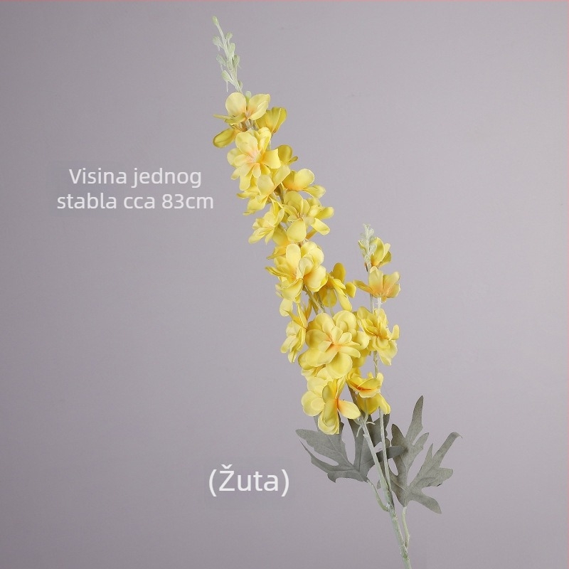 Umjetni cvijet Delphinium s dvostruko razgranatom stabljikom, flokirani materijal; za vjenčanja, rekvizite za fotografiju i kućnu dekoraciju; marka Gardenia; materijal: svila i Pan tkanina; izrada: stiliziranje, reljef, ubrizgavanje kalupa; varijanta: osta