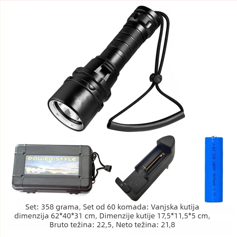 Bowen 3-LED svjetiljka za ronjenje i kampiranje, IPX8, 30W, 2200mAh, fiksni fokus