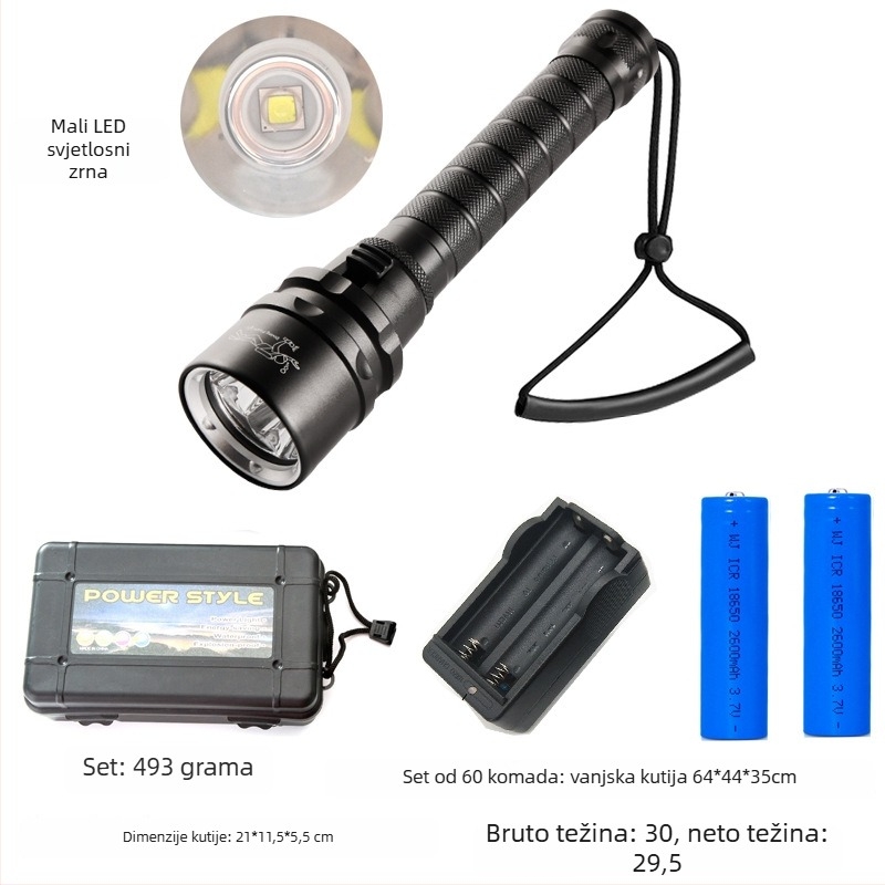 Bowen 3-LED svjetiljka za ronjenje i kampiranje, IPX8, 30W, 2200mAh, fiksni fokus