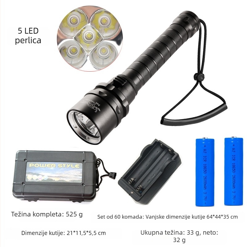 Bowen 3-LED svjetiljka za ronjenje i kampiranje, IPX8, 30W, 2200mAh, fiksni fokus