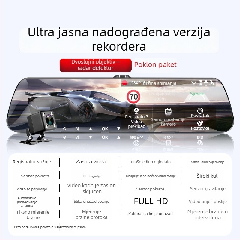 Automobilska dash kamera s prednjom i stražnjom kamerom, 360° panoramski prikaz, F2.0, 1080p, 4MP