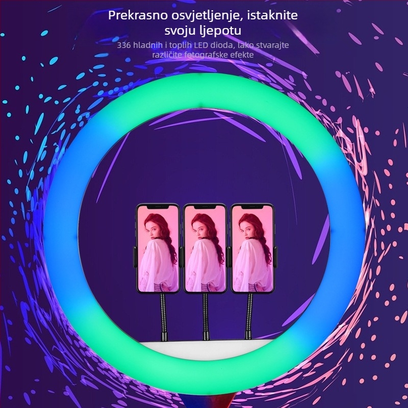 Kružna lampica za fotografiju i prijenos uživo – RGB svjetlo za dopunu, 10-50W, bezkorakno podešavanje, uspravna montaža