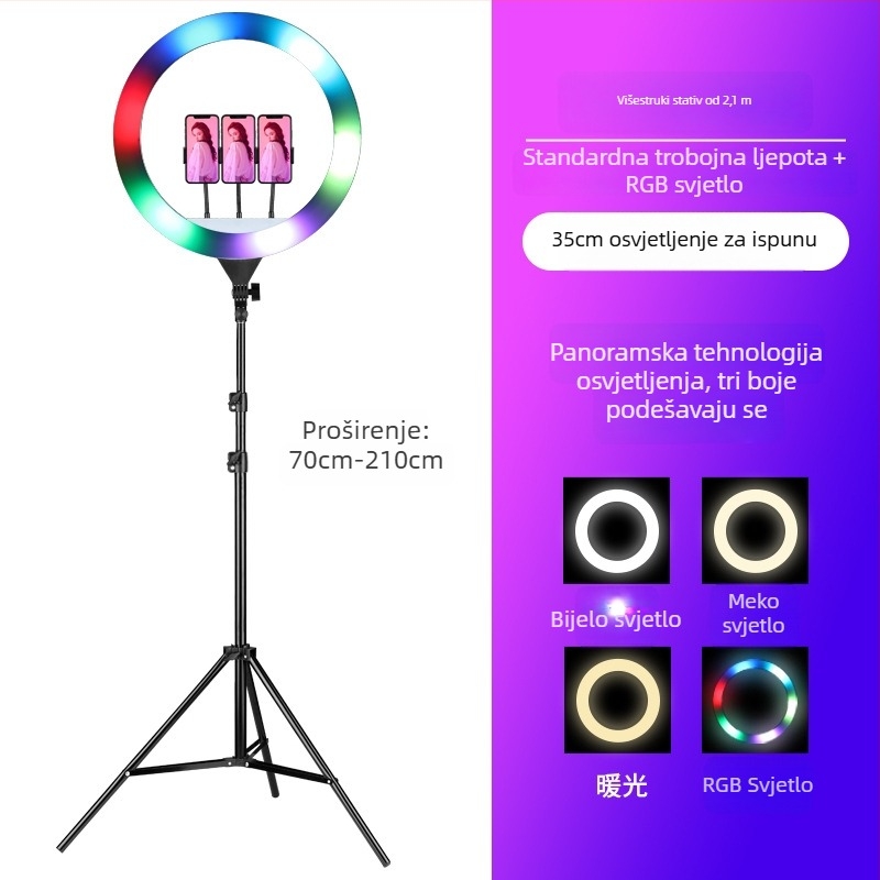 Kružna lampica za fotografiju i prijenos uživo – RGB svjetlo za dopunu, 10-50W, bezkorakno podešavanje, uspravna montaža