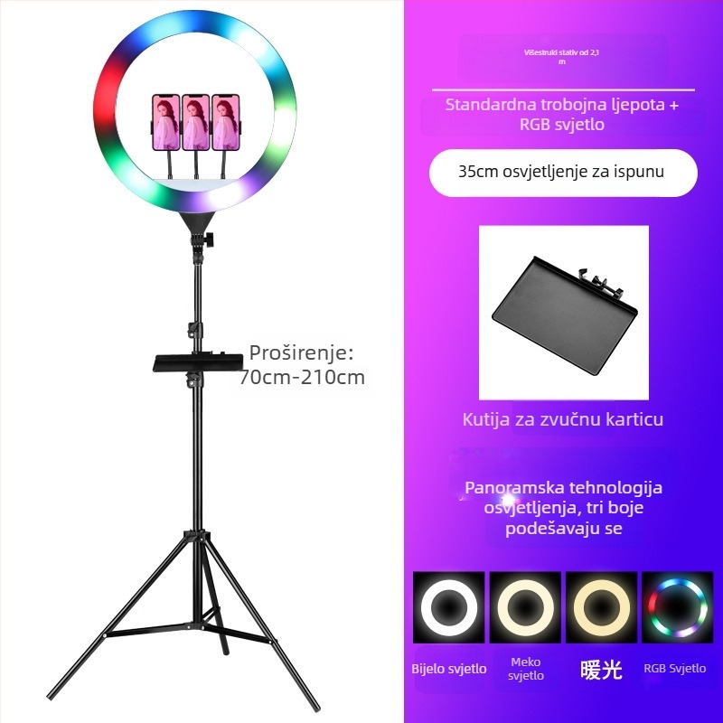 Kružna lampica za fotografiju i prijenos uživo – RGB svjetlo za dopunu, 10-50W, bezkorakno podešavanje, uspravna montaža