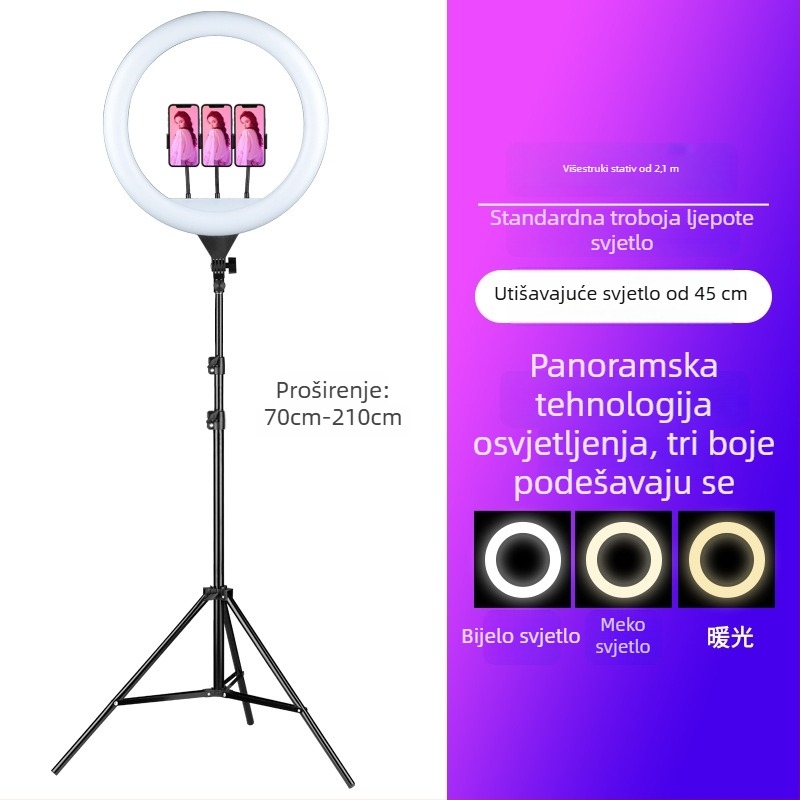 Kružna lampica za fotografiju i prijenos uživo – RGB svjetlo za dopunu, 10-50W, bezkorakno podešavanje, uspravna montaža