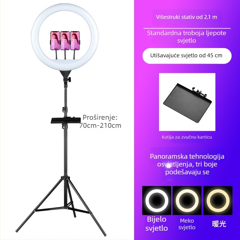 Kružna lampica za fotografiju i prijenos uživo – RGB svjetlo za dopunu, 10-50W, bezkorakno podešavanje, uspravna montaža
