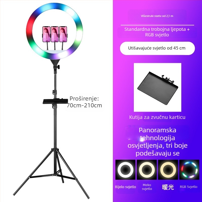 Kružna lampica za fotografiju i prijenos uživo – RGB svjetlo za dopunu, 10-50W, bezkorakno podešavanje, uspravna montaža