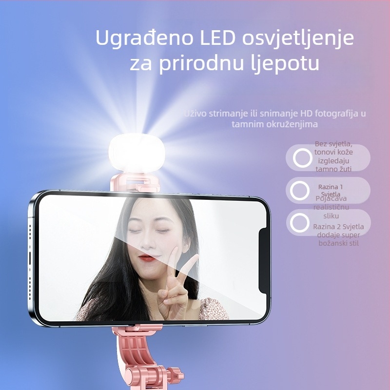 Integrirani Bluetooth selfie štapić za mobitel — prijenosni stabilni stativ s daljinskim upravljačem, svjetlo i IBIS kompatibilnost (ABS + nehrđajući čelik)