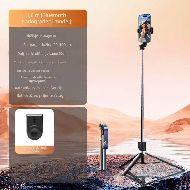 Bluetooth Selfie Štap s Trojpodom, Svjetlom i Daljinskim Upravljačem, Prijenosni Univerzalni Držač Telefona, Nehrđajući Čelik, IBIS Podrška