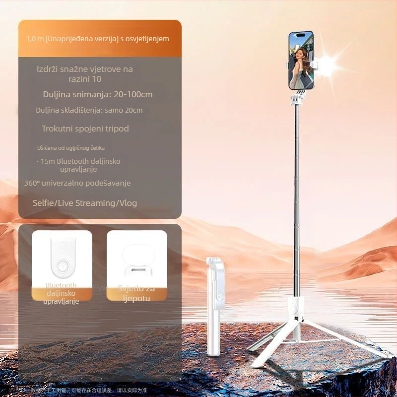 Bluetooth Selfie Štap s Trojpodom, Svjetlom i Daljinskim Upravljačem, Prijenosni Univerzalni Držač Telefona, Nehrđajući Čelik, IBIS Podrška