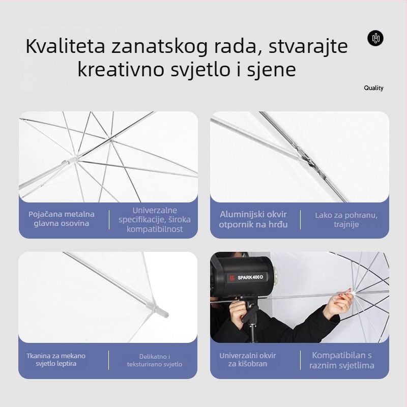 Fotografski reflektivni kišobran za osvjetljenje, parabolični dizajn, marka Miaotu, model Reflective umbrella, maksimalna opterećenost 2–5 kg, težina 0,5 kg