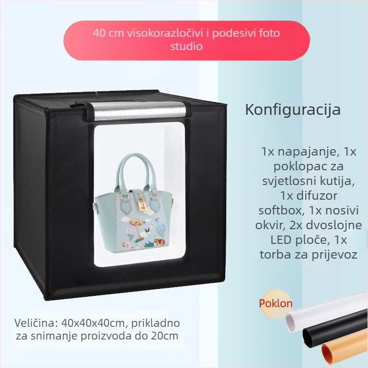 LED svjetlosna kutija za foto-studio – sklopiva, prijenosna s nježnim svjetlom za still life fotografiju; konstrukcija od aluminijske folije i Oxford platna; težine 2,5/4/5,8 kg