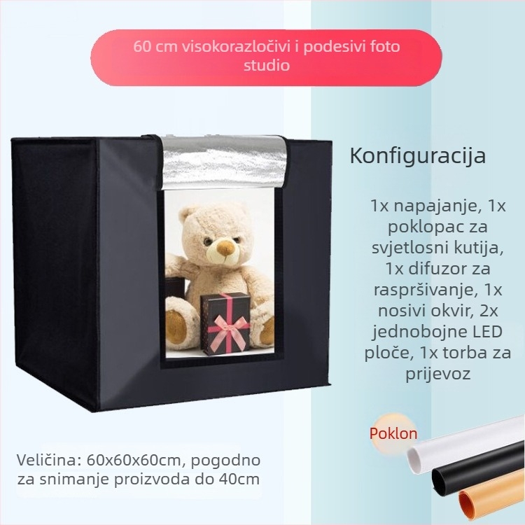 LED svjetlosna kutija za foto-studio – sklopiva, prijenosna s nježnim svjetlom za still life fotografiju; konstrukcija od aluminijske folije i Oxford platna; težine 2,5/4/5,8 kg