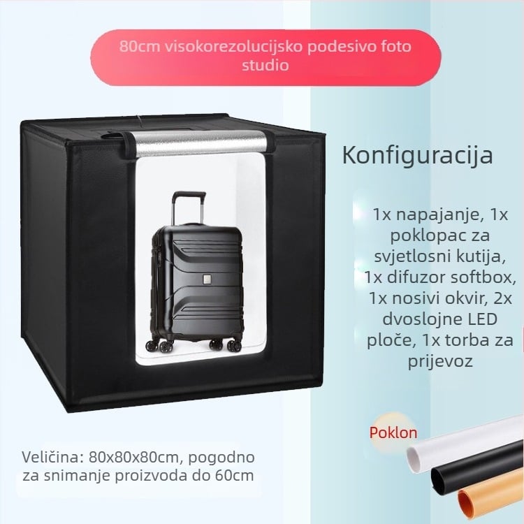 LED svjetlosna kutija za foto-studio – sklopiva, prijenosna s nježnim svjetlom za still life fotografiju; konstrukcija od aluminijske folije i Oxford platna; težine 2,5/4/5,8 kg