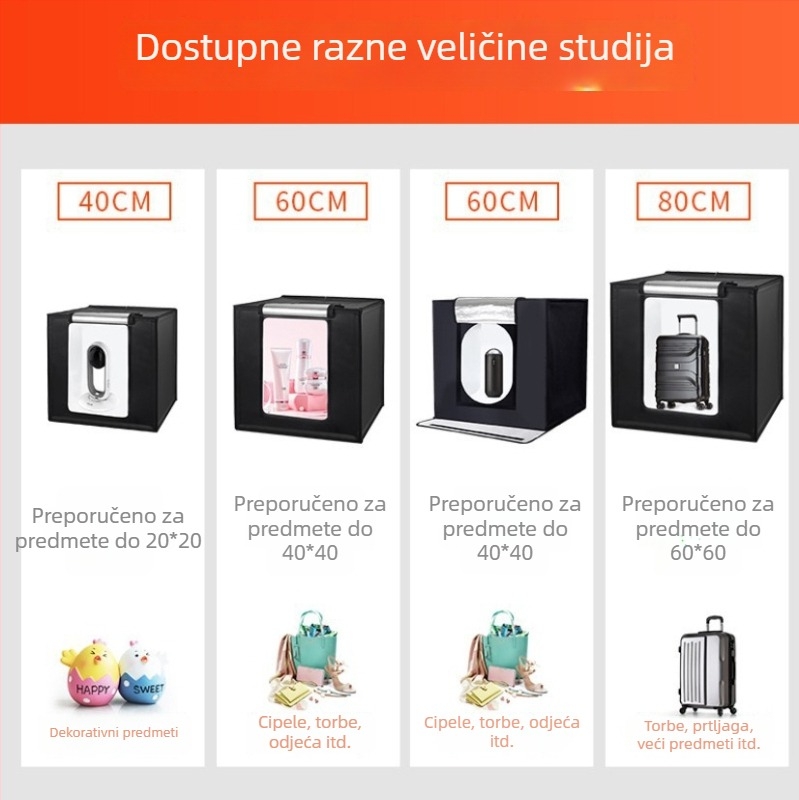 LED svjetlosna kutija za foto-studio – sklopiva, prijenosna s nježnim svjetlom za still life fotografiju; konstrukcija od aluminijske folije i Oxford platna; težine 2,5/4/5,8 kg