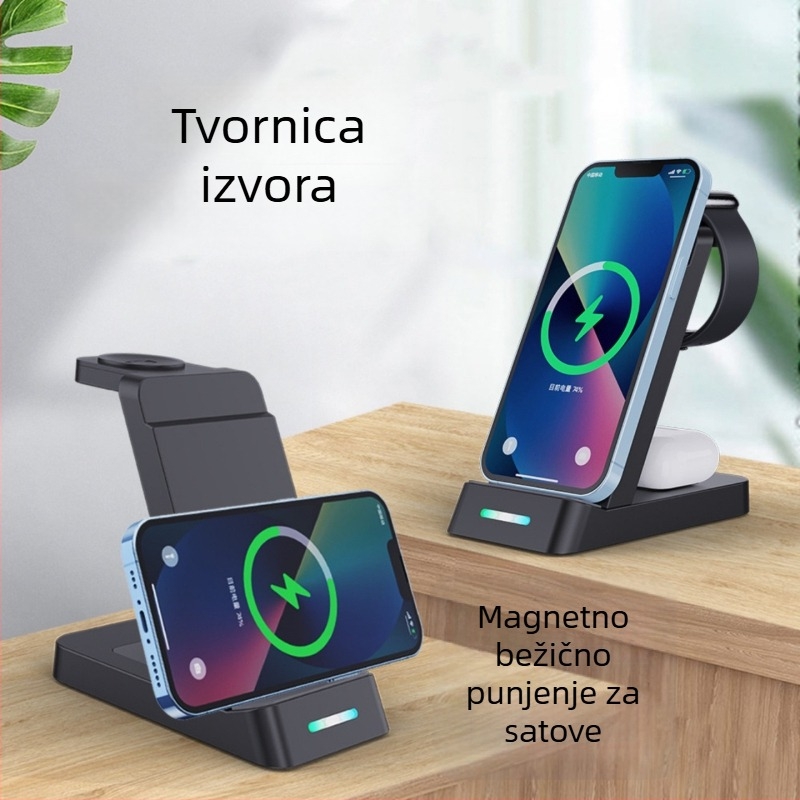 Vertikalni stalak 3-u-1 bežični punjač za Apple i Samsung uređaje, slušalice i sat – 20W max, izlazni tok 3A, izlazna snaga 15W, QC3.0, bez magnetskog punjenja