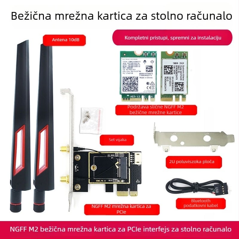 WTXUP NGFF M.2 na PCIe bežični mrežni adapter; kompatibilan s 7260/8265/1650/1675X/AX200/AX210; uključuje: pločicu za prijenos, zaštitni poklopac, spojni kabel, vijci, Bluetooth kabel, antena; bežična kartica nije uključena