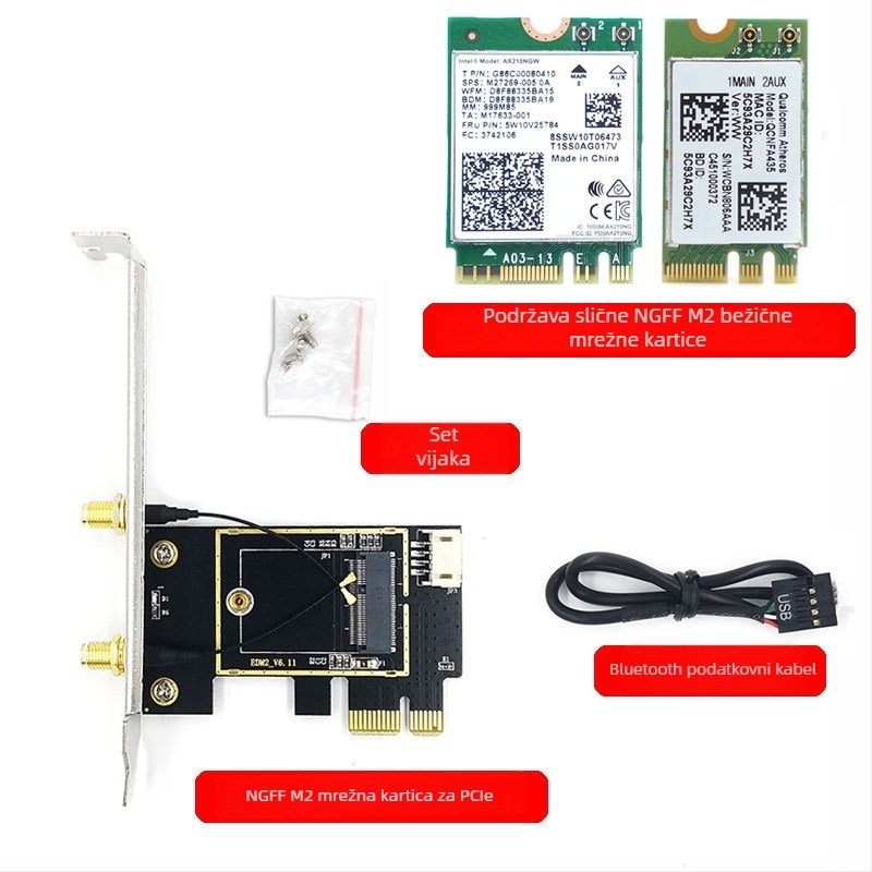 WTXUP NGFF M.2 na PCIe bežični mrežni adapter; kompatibilan s 7260/8265/1650/1675X/AX200/AX210; uključuje: pločicu za prijenos, zaštitni poklopac, spojni kabel, vijci, Bluetooth kabel, antena; bežična kartica nije uključena