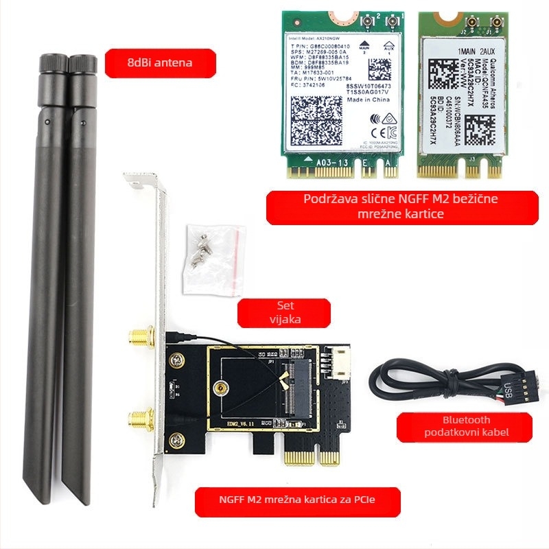 WTXUP NGFF M.2 na PCIe bežični mrežni adapter; kompatibilan s 7260/8265/1650/1675X/AX200/AX210; uključuje: pločicu za prijenos, zaštitni poklopac, spojni kabel, vijci, Bluetooth kabel, antena; bežična kartica nije uključena