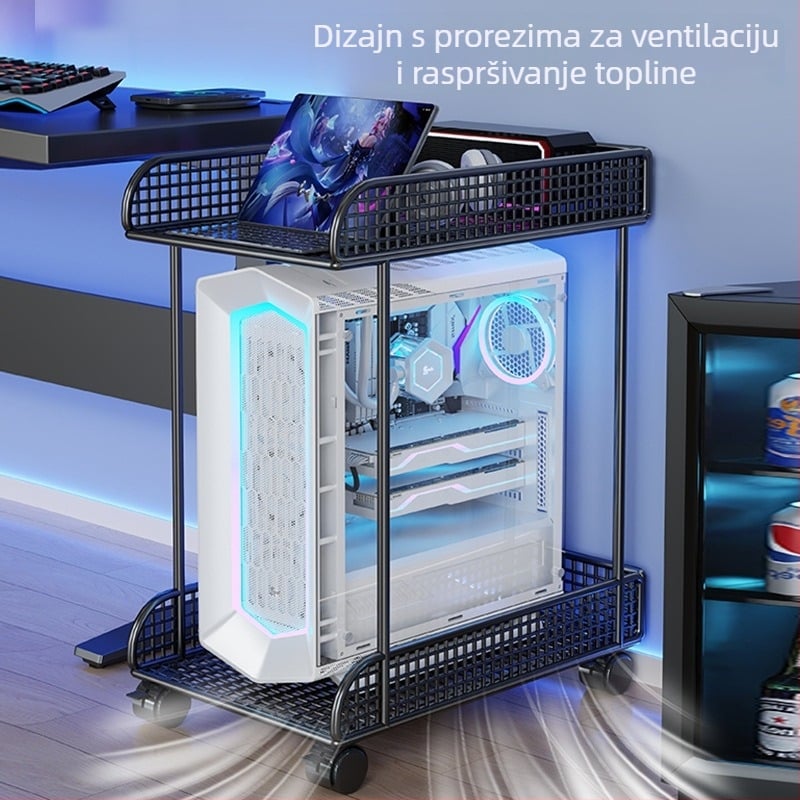 Dvodijelni pomični stalak za desktop računalo s prostorom za pohranu i rashladnom bazom, metalni okvir
