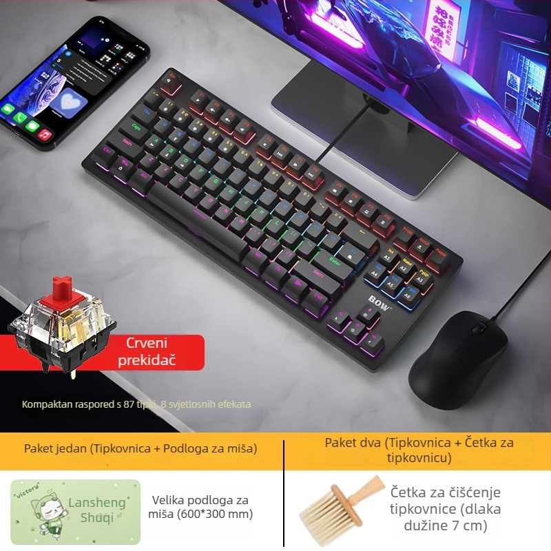 Bow hot-swappable prava mehanička tipkovnica sa smeđim prekidačima, 87 tipki, žična, za prijenosna i stolna računala, gaming
