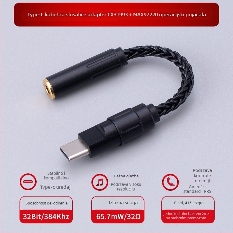 Bartok LY03 DAC s operativnim pojačalom – Type-C adapter za mobilni telefon, kompatibilan s Huawei/Samsung/Xiaomi/iPhone 15/16 (CX31993, MAX97220 op-ampovi)