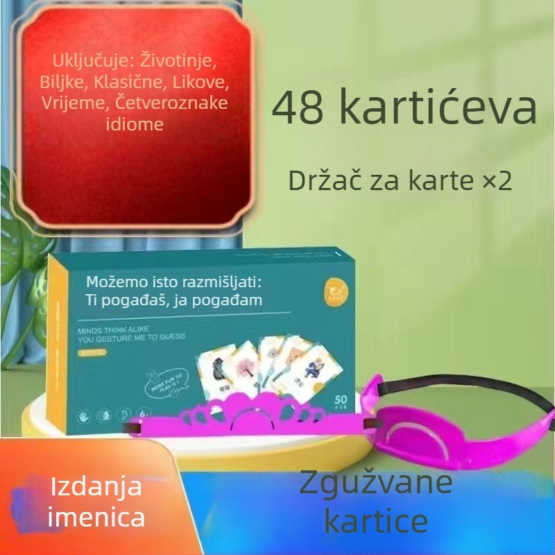 Družbena kartična igra s gestama — obiteljska interakcija, 96 karata (imenice/glagoli) + 2 trake za glavu, papirni materijal, za uzrast 7-14 godina