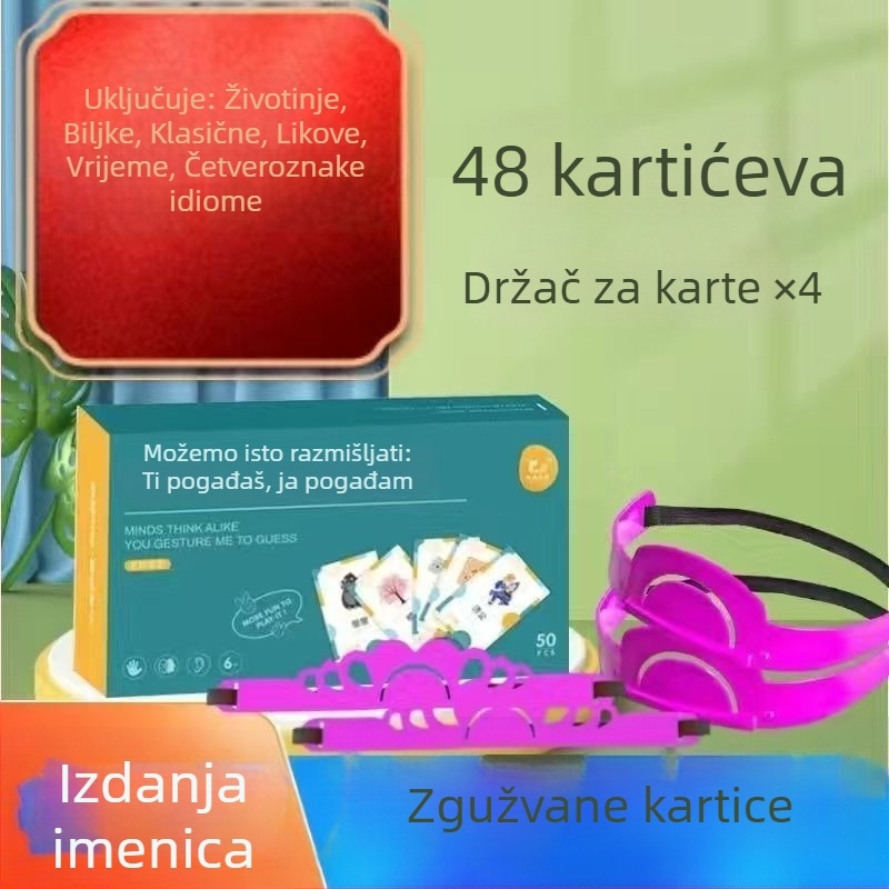 Družbena kartična igra s gestama — obiteljska interakcija, 96 karata (imenice/glagoli) + 2 trake za glavu, papirni materijal, za uzrast 7-14 godina