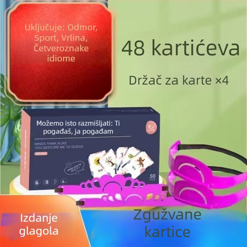 Družbena kartična igra s gestama — obiteljska interakcija, 96 karata (imenice/glagoli) + 2 trake za glavu, papirni materijal, za uzrast 7-14 godina
