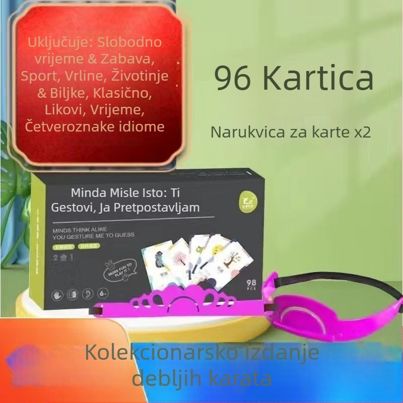 Družbena kartična igra s gestama — obiteljska interakcija, 96 karata (imenice/glagoli) + 2 trake za glavu, papirni materijal, za uzrast 7-14 godina