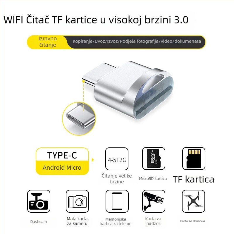 Mini metalni čitač kartica Type-C, visoko brzi OTG 3.0 adapter za TF memorijsku karticu, kompatibilan s Huawei Android