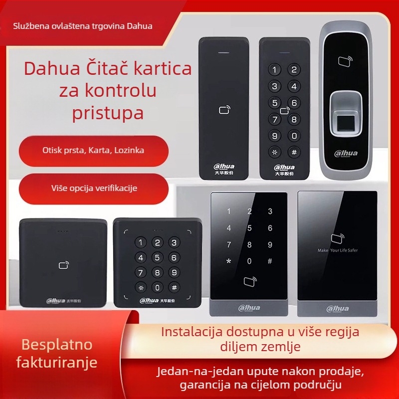 Pristupni čitač kartica s otiskom prsta i lozinkom – vodootporan IC čitač kartica, domet 0,5 m, vrijeme čitanja 0,001 s, kapacitet 30 000, frekvencija 13,65 MHz